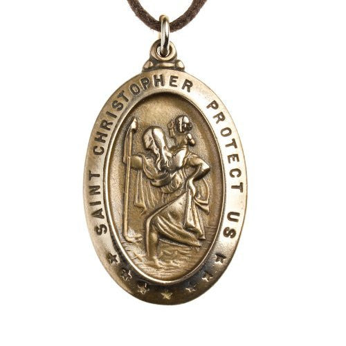 Saint Christopher Peace Bronze (PB) Pendant Necklace on Adjustable Natural Fiber Cord