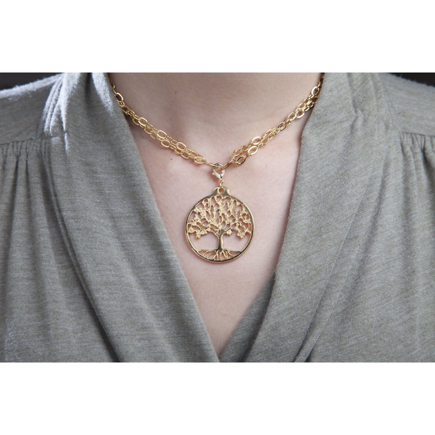 Tree of Life Gold-dipped Pendant Necklace on 18-36" Gold Plated Cable Chain