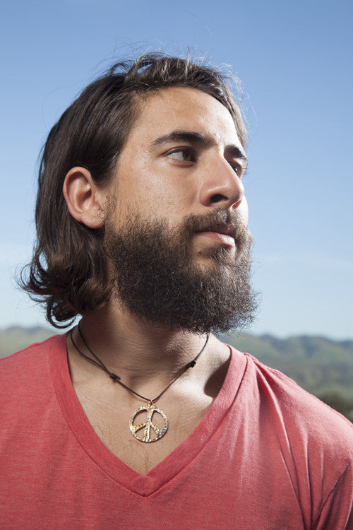 Hand Hammered Bold Peace Symbol Iridescent Pendant Necklace on Adjustable Natural Fiber Cord