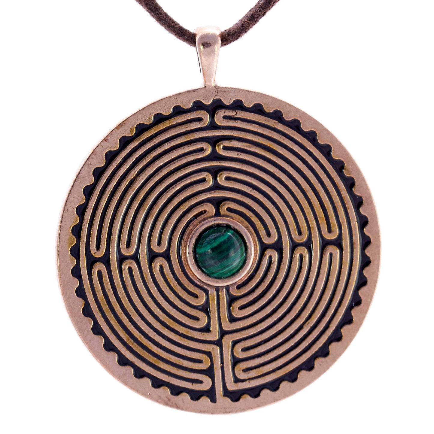 Labyrinth Peace Bronze Pendant Necklace with 6mm Malachite Gemstone on Adjustable Natural Fiber Cord