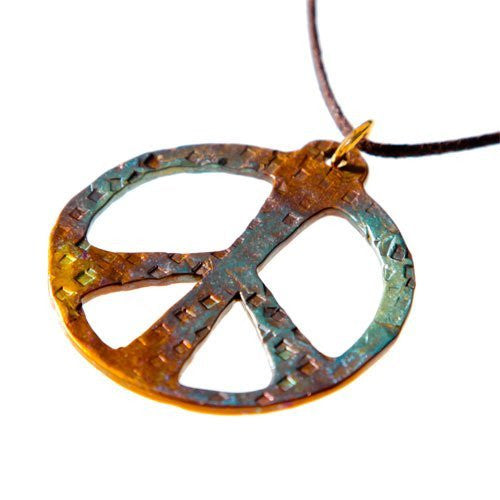 Hand Hammered Bold Peace Symbol Iridescent Pendant Necklace on Adjustable Natural Fiber Cord