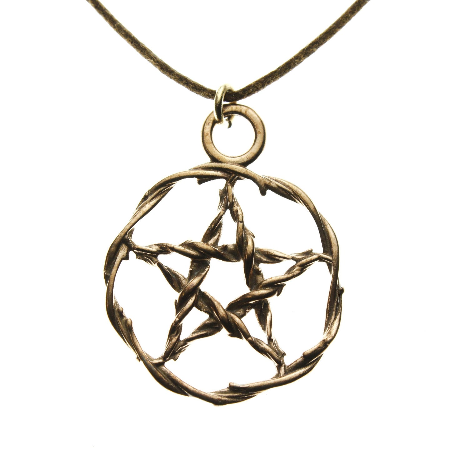 Pentacle Peace Bronze Pendant Necklace on Adjustable Natural Fiber Cord