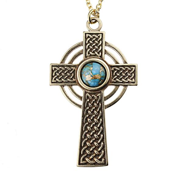 Small Celtic Cross Necklace with 6mm Persian Blue Turquoise Copper Gem From War to Peace