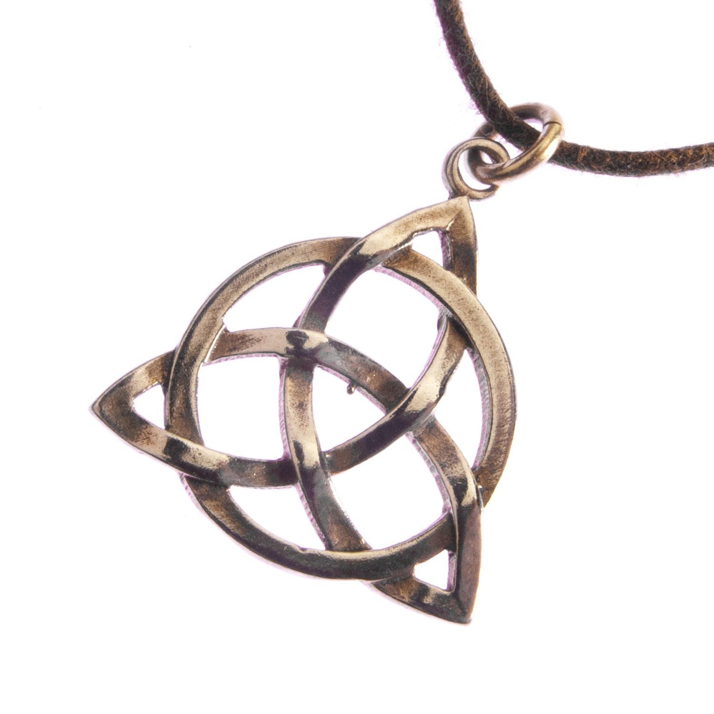 Delicate Triquetra Trinity Knot Peace Bronze Pendant Necklace on Adjustable Natural Fiber Cord
