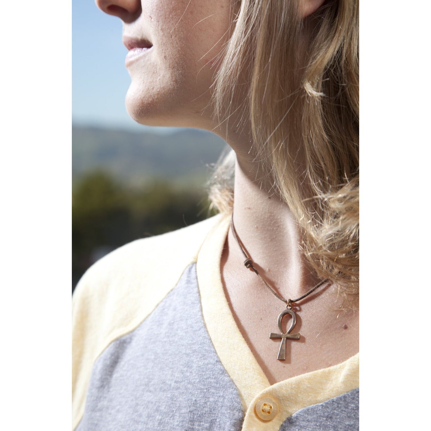 Ankh Peace Bronze Pendant Necklace Adjustable Natural Fiber Cord