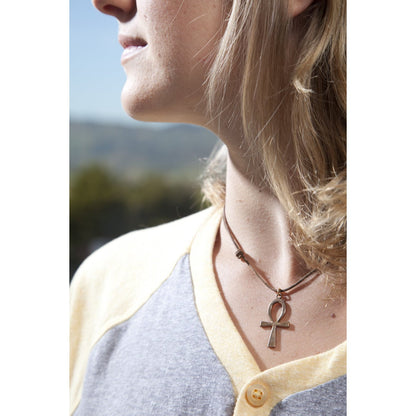 Ankh Peace Bronze Pendant Necklace Adjustable Natural Fiber Cord