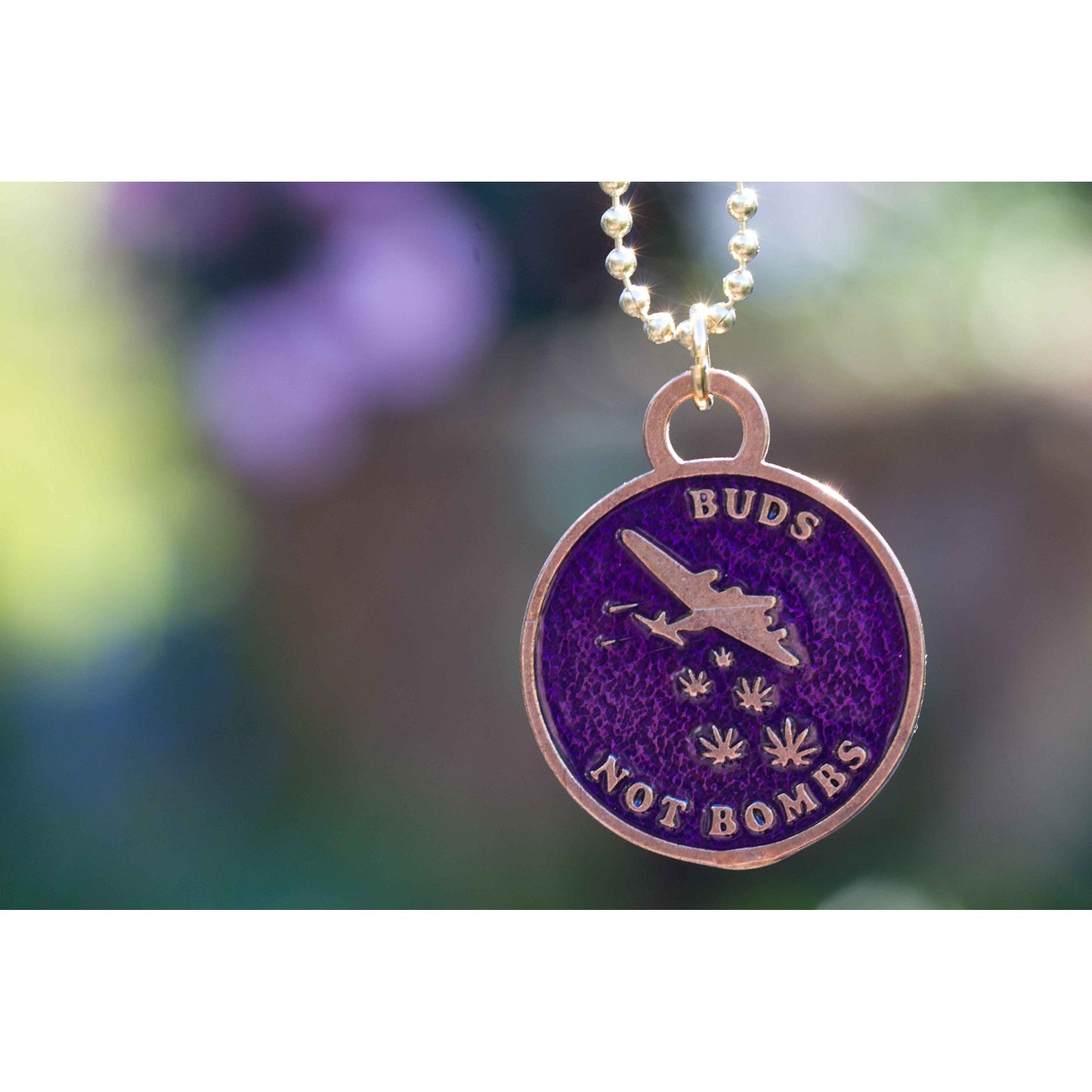 Buds Not Bombs High Flyer Purple Haze Enamel Necklace on Polished Brass Ball Chain