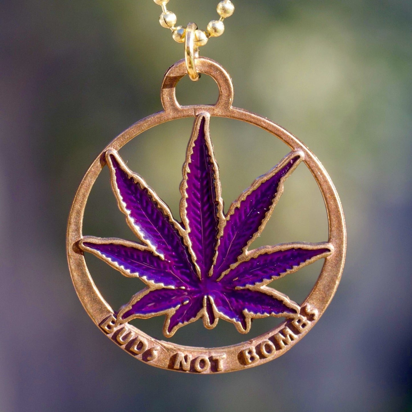 Buds Not Bombs Purple Haze Enamel Leaf Necklace on Polished Brass Ball Chain