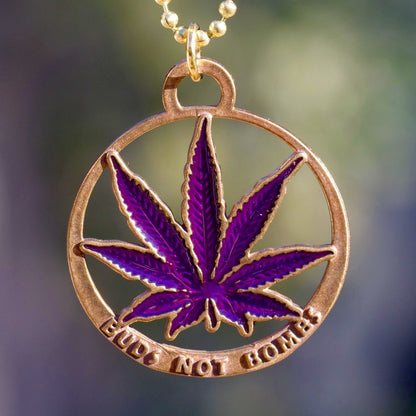 Buds Not Bombs Purple Haze Enamel Leaf Necklace on Polished Brass Ball Chain