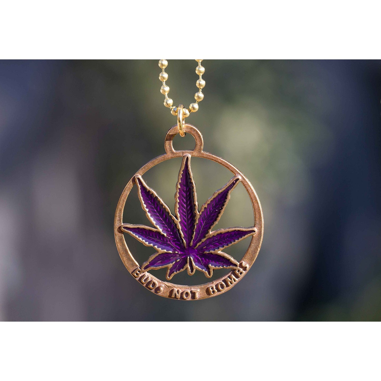 Buds Not Bombs Purple Haze Enamel Leaf Necklace on Polished Brass Ball Chain