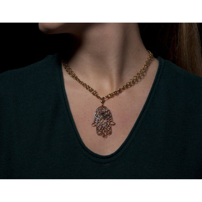Hamsa Large Iridescent Pendant Necklace on 18-36" Antiqued Brass Cable Chain