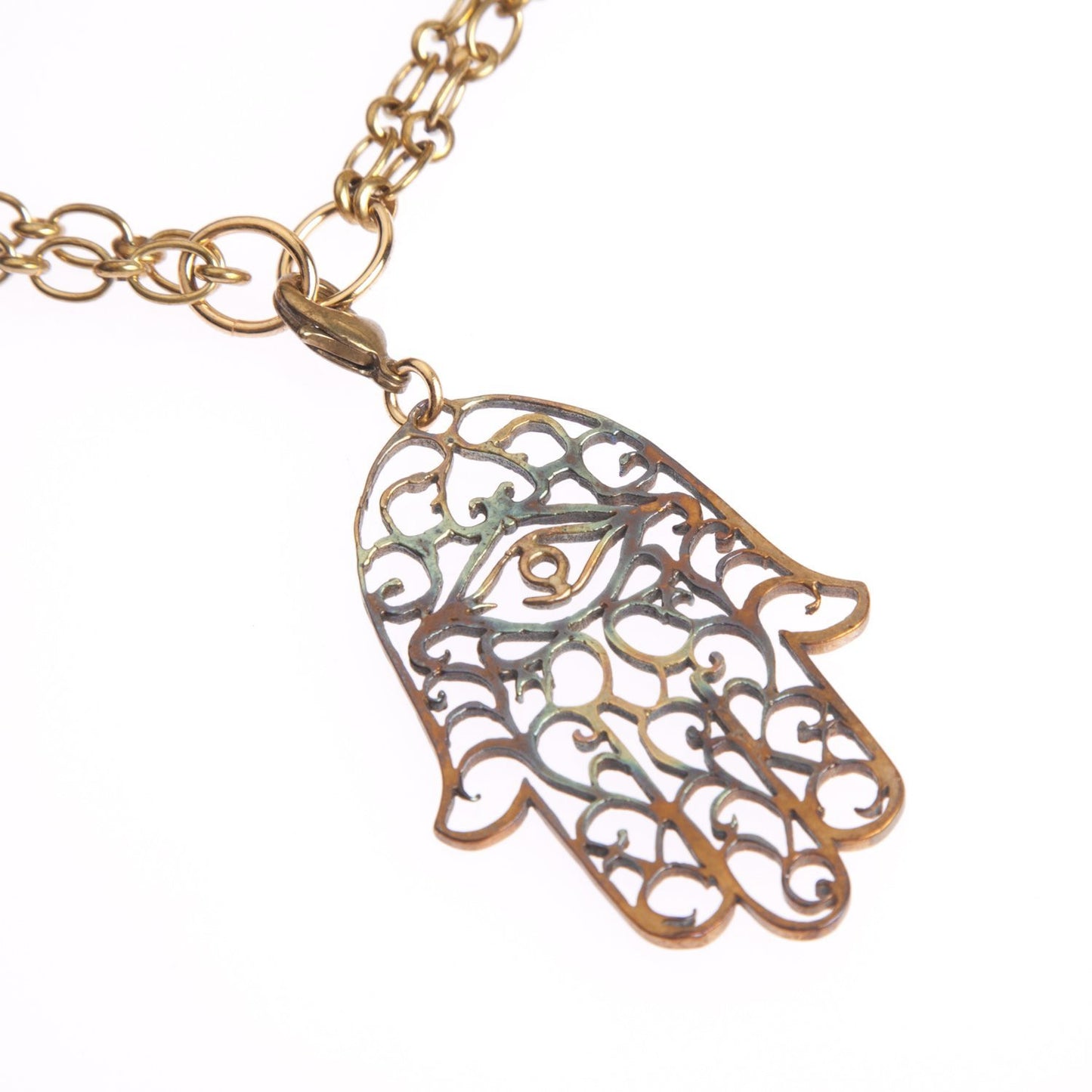 Hamsa Large Iridescent Pendant Necklace on 18-36" Antiqued Brass Cable Chain