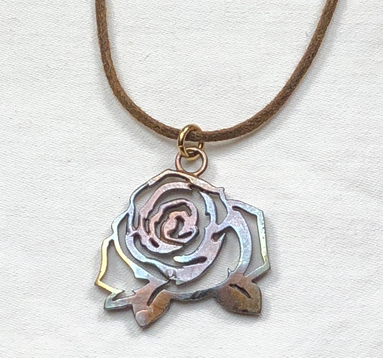 Mighty Rose Necklace in Iridescent Finish on Adjustable Natural Fiber Cord