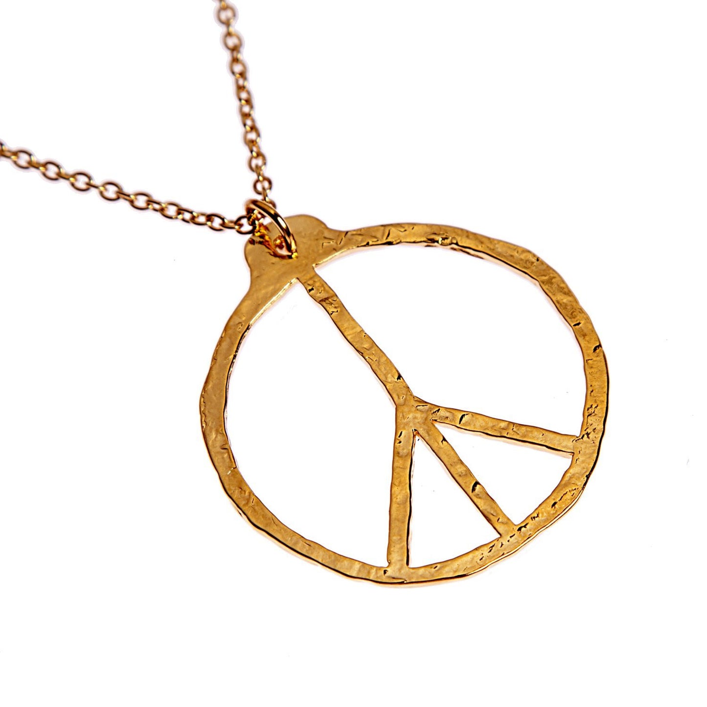 Peace Symbol Hand Hammered Delicate Gold Dipped Pendant Necklace on 18" Rolo Chain