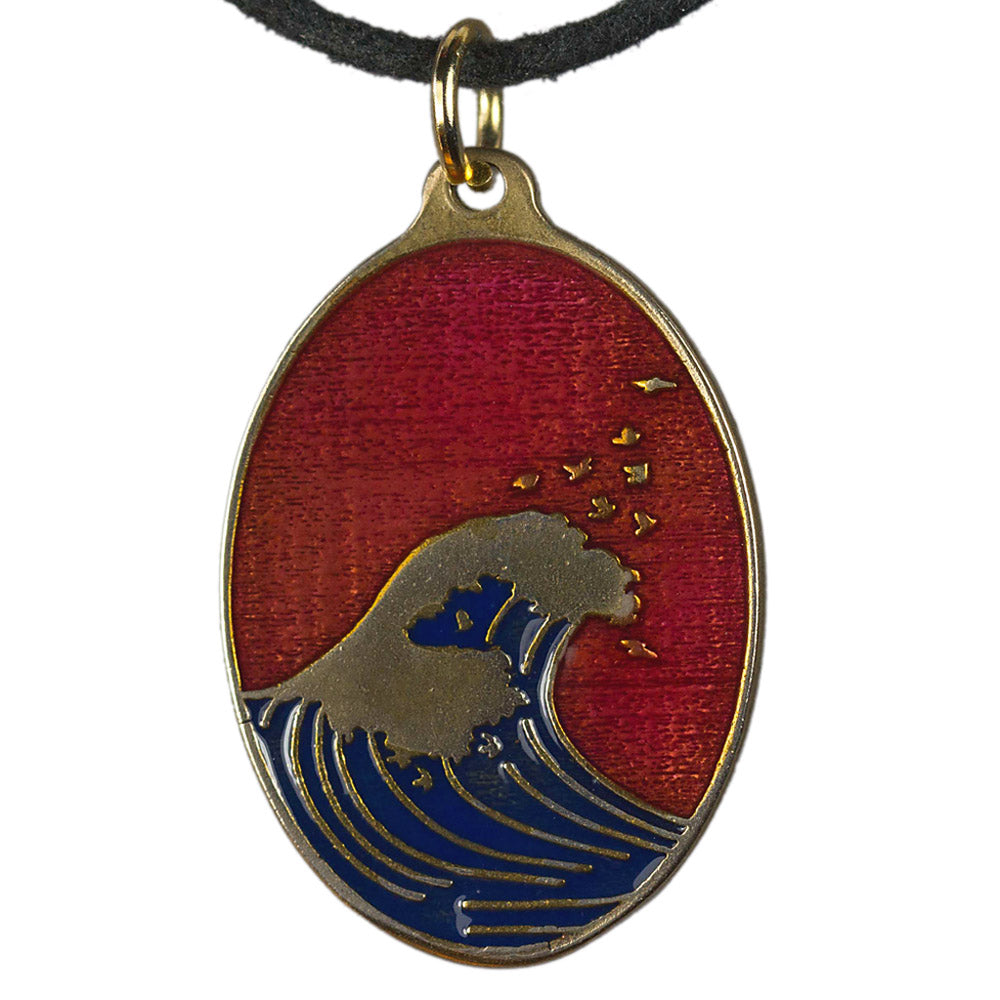 Hokusai Wave Oval Dark Red Enamel Pendant Necklace on Adjustable Natural Fiber Cord