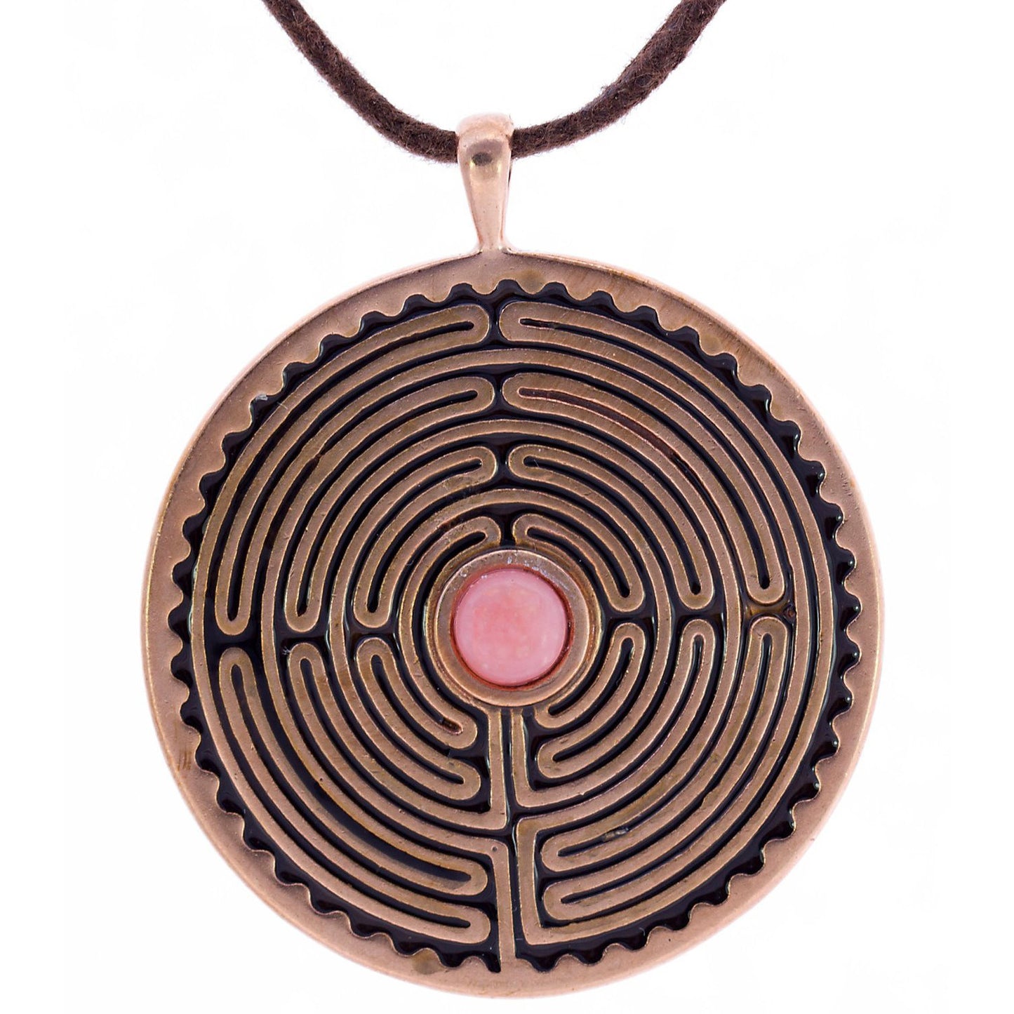 Labyrinth Peace Bronze Pendant Necklace with 6mm Pink Opal Gemstone on Adjustable Natural Fiber Cord