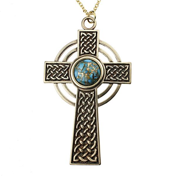 Large Celtic Cross Necklace with 12mm Persian Blue Turquoise Copper Gemstone
