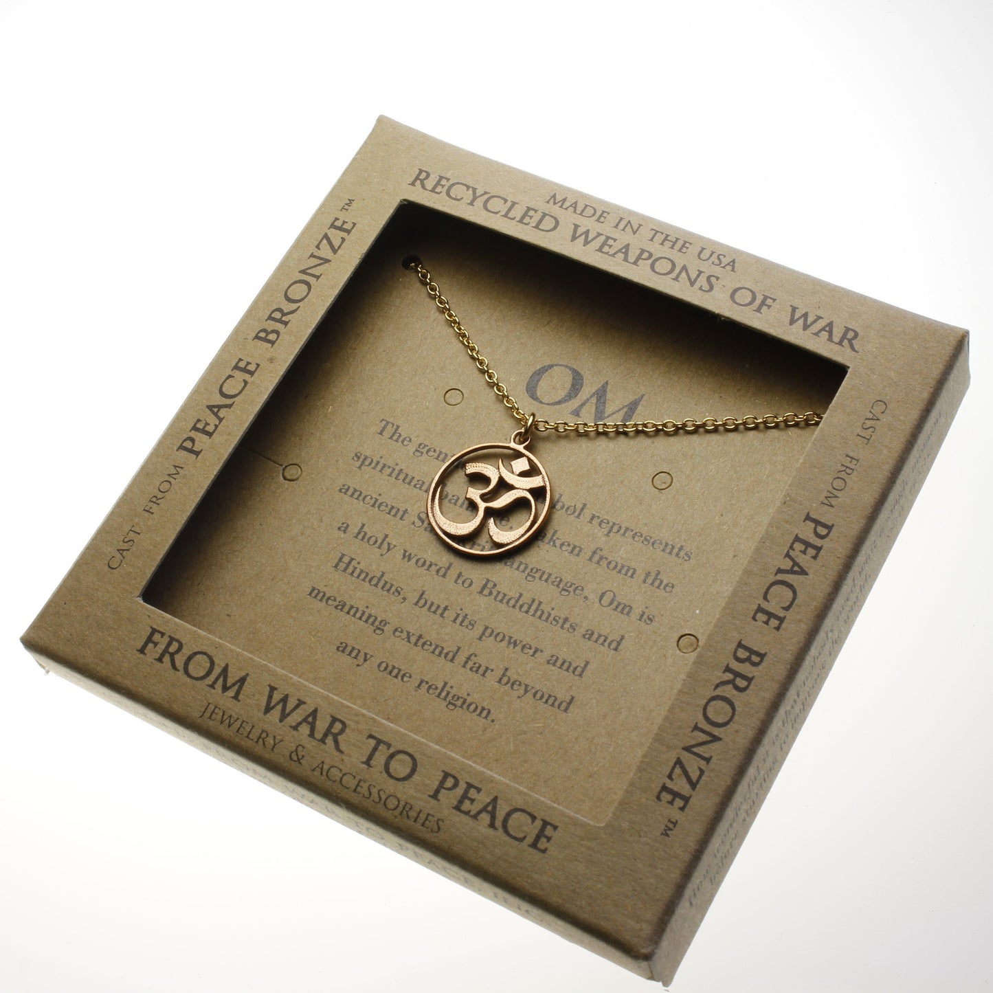 Delicate Om Peace Bronze Pendant Necklace on 18" Rolo Chain