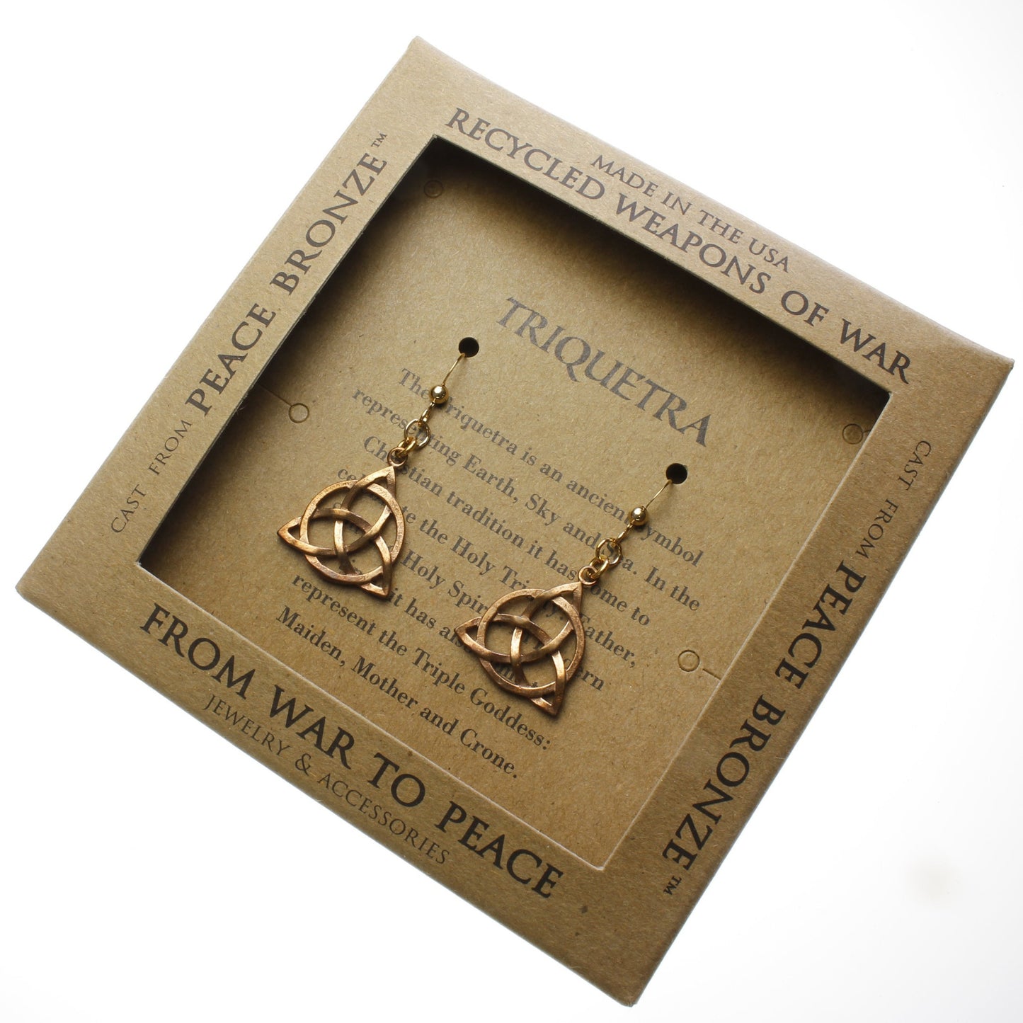 Delicate Triquetra Trinity Knot Peace Bronze Earrings on French Hooks